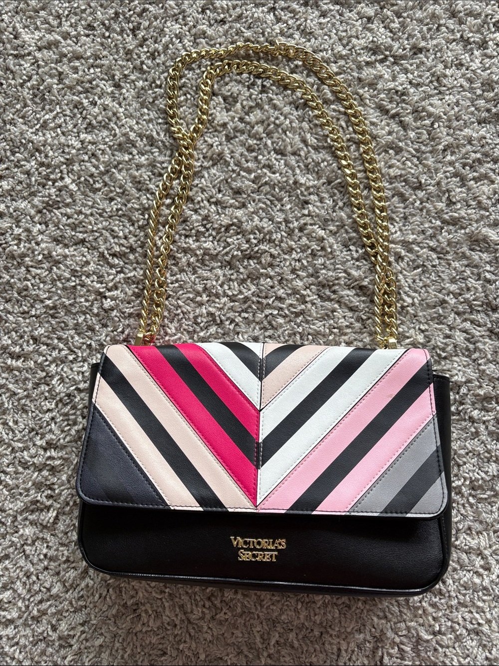 Victoria's Secret Black Shoulder Bag with Pink, Hot Pink, Cream & Gray Stripes